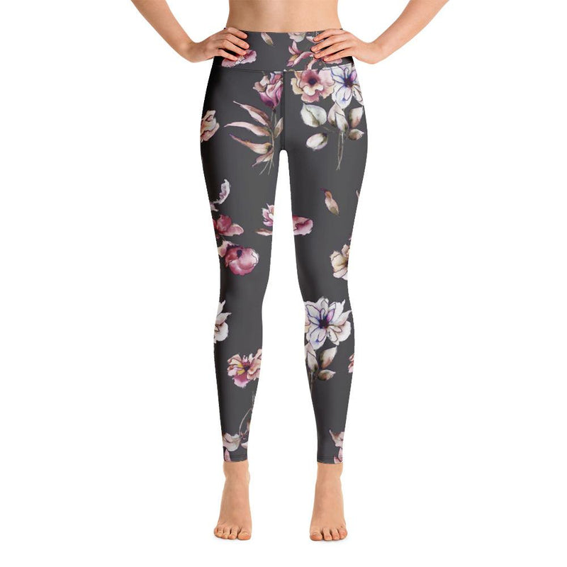 Floral Yoga Leggings - Meadow in Grey. Buttery soft and
